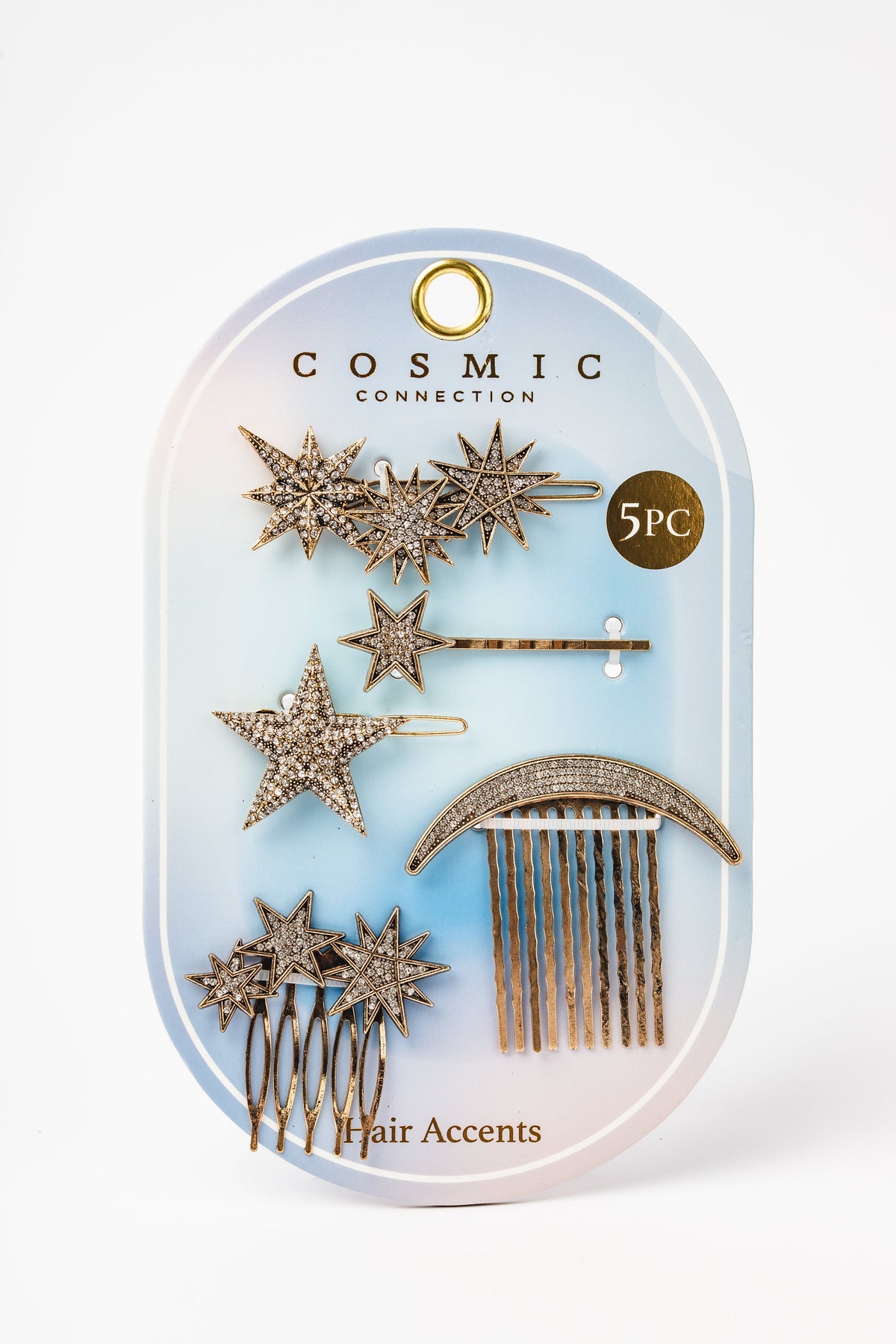 COS749 Gold moon and star hair accents, five-piece set in retail packaging