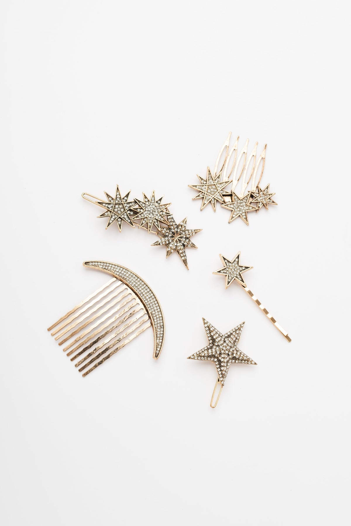 COS749 Gold moon and star hair accents, five-piece set without packaging