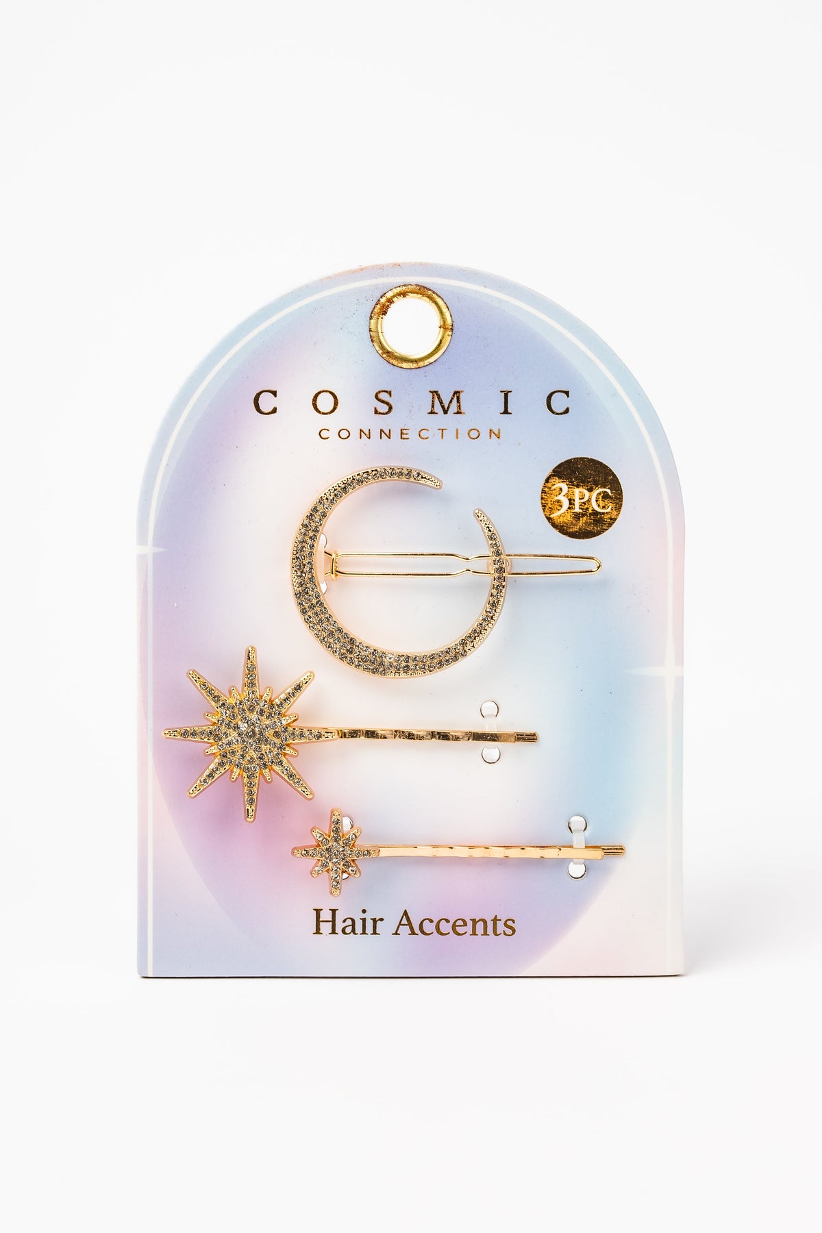 COS750 Gold moon and star hair accents, three-piece set in retail packaging