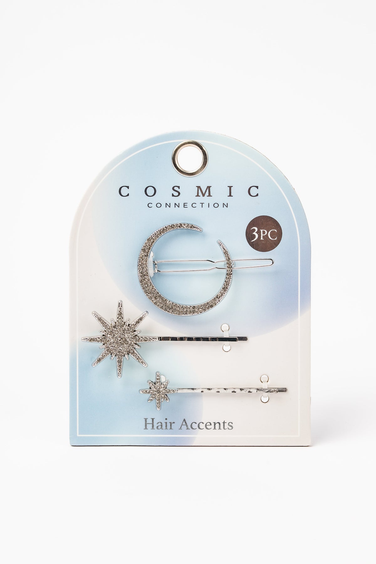COS751 Silver moon and star hair accents, three-piece set in retail packaging
