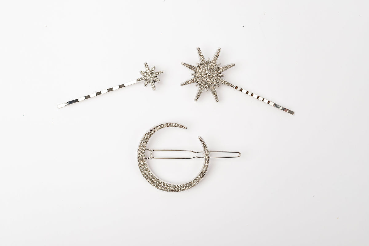 COS751 Silver moon and star hair accents, three-piece set without packaging