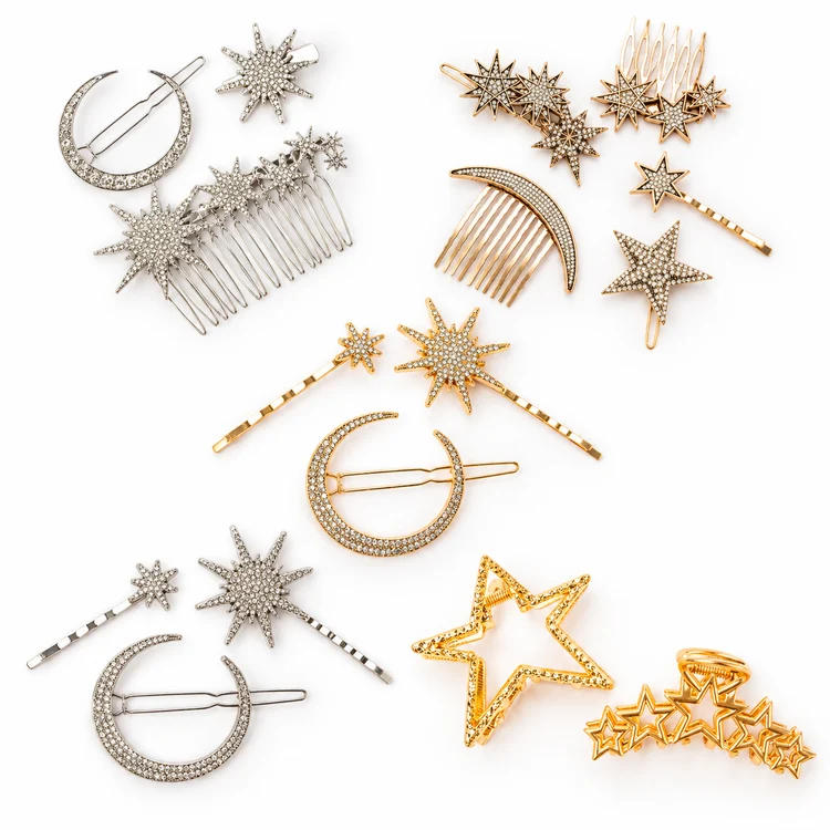 All five Cosmic Connection Hair Accents sets in silver and gold