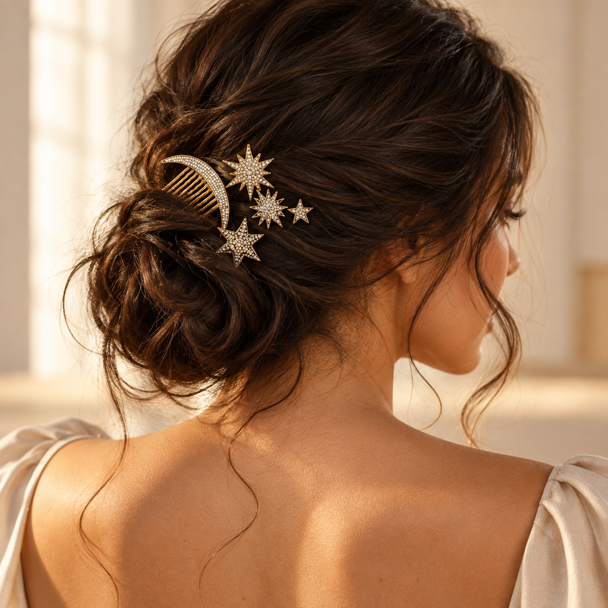 Gold Cosmic Connection moon and star hair accents styled in hair