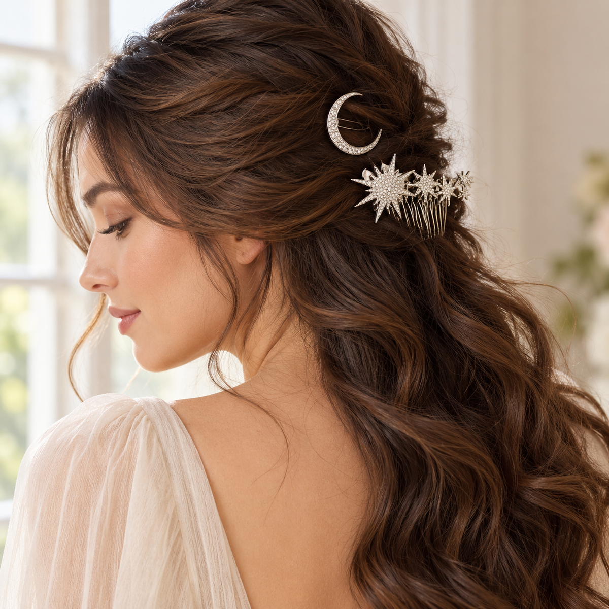 Silver Cosmic Connection moon and star hair accents styled in hair