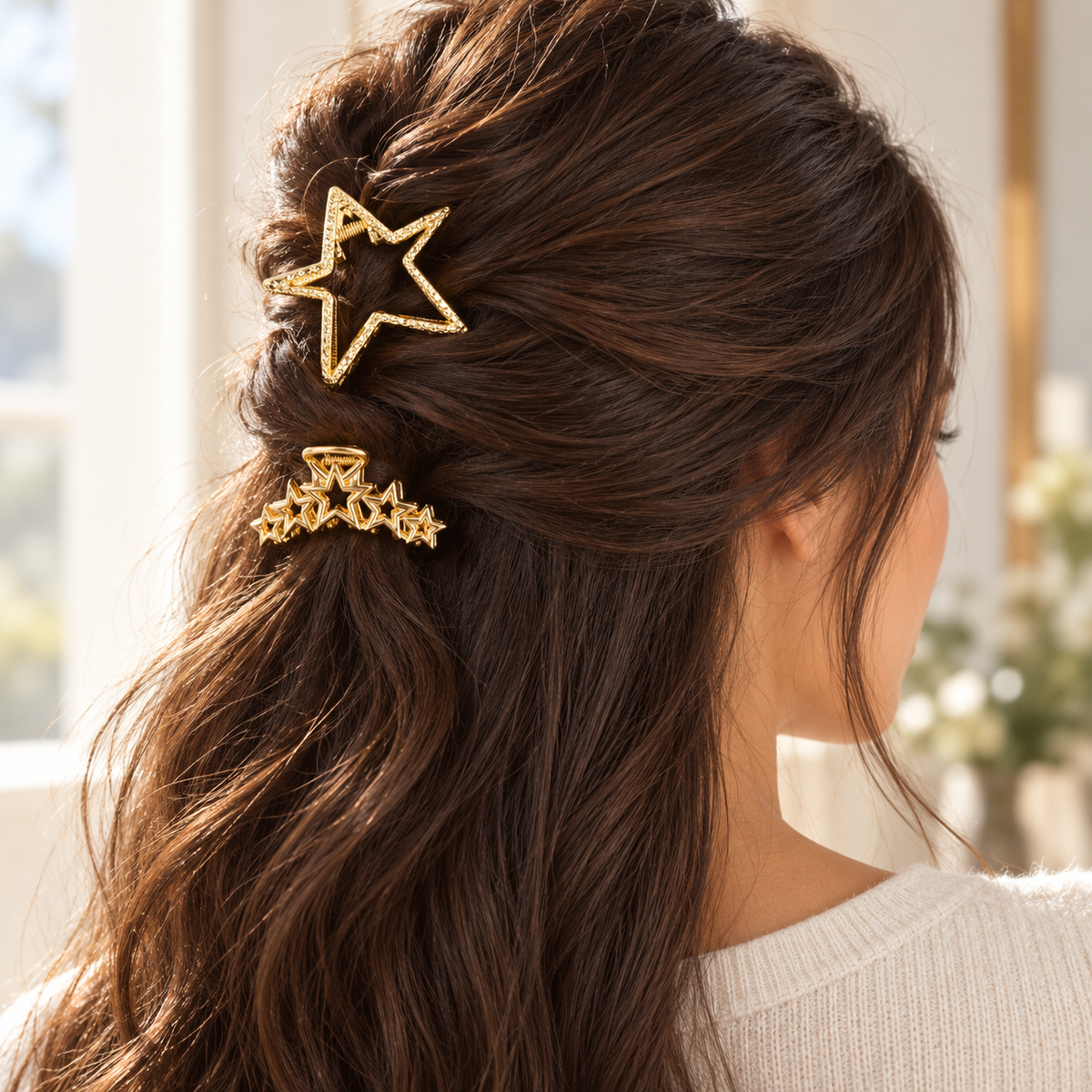 Gold Cosmic Connection star claw clips styled in hair