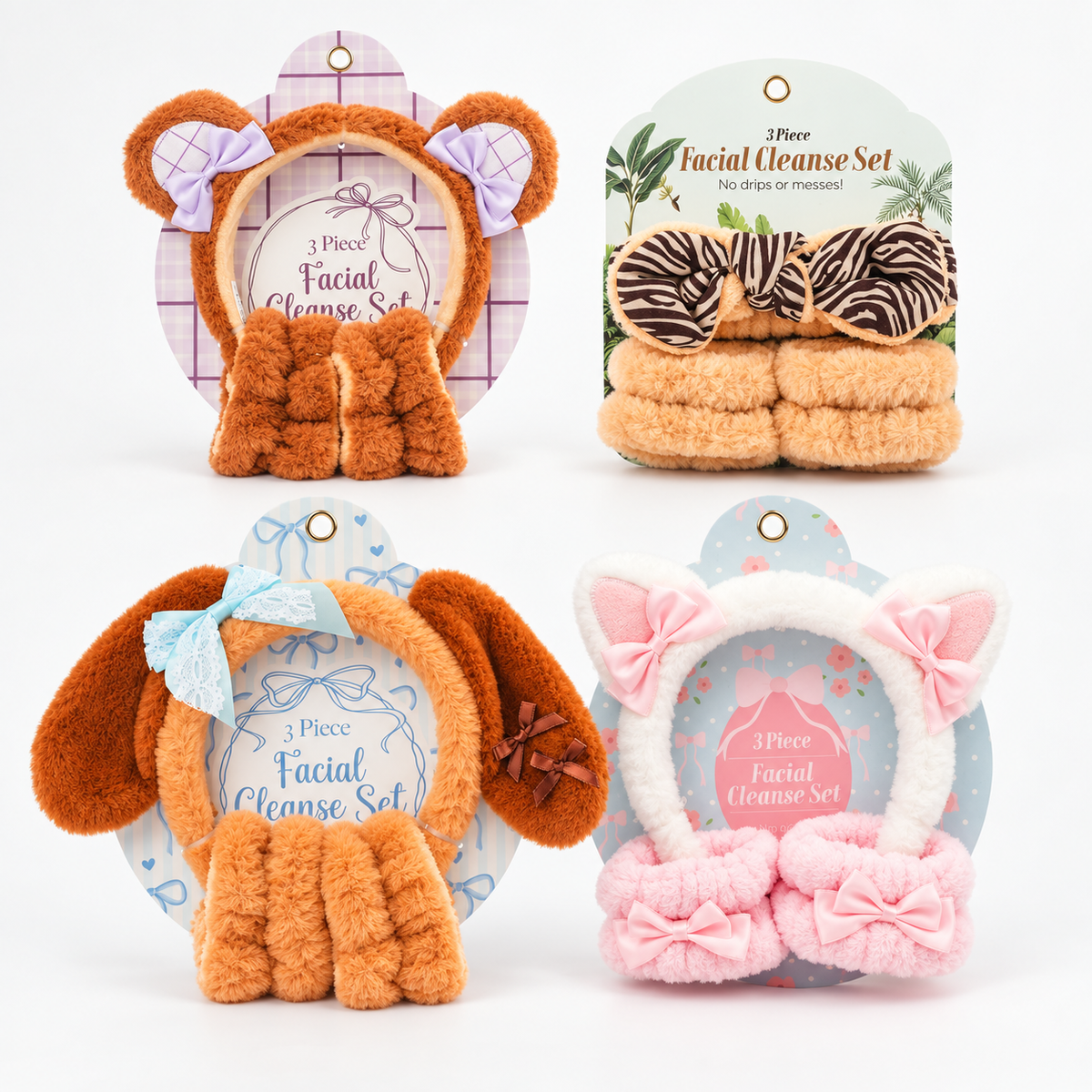 All four 3pc Facial Cleanse Set styles together: Teddy Bear, Zebra Coffee, Blue Coquette Dog, and Coquette Cat