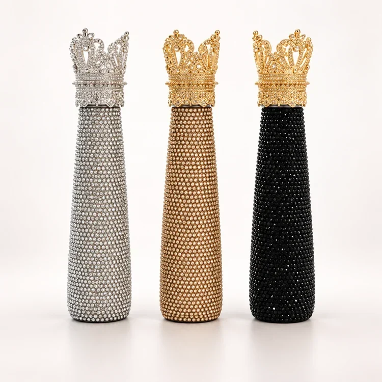 Crown Bling Reusable Water Bottles in Silver, Champagne and Black