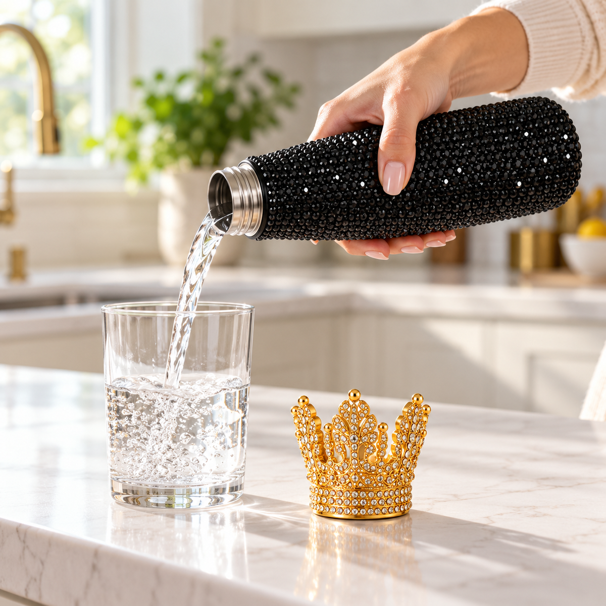 Black Crown Bling water bottle being used to pour water into a glass