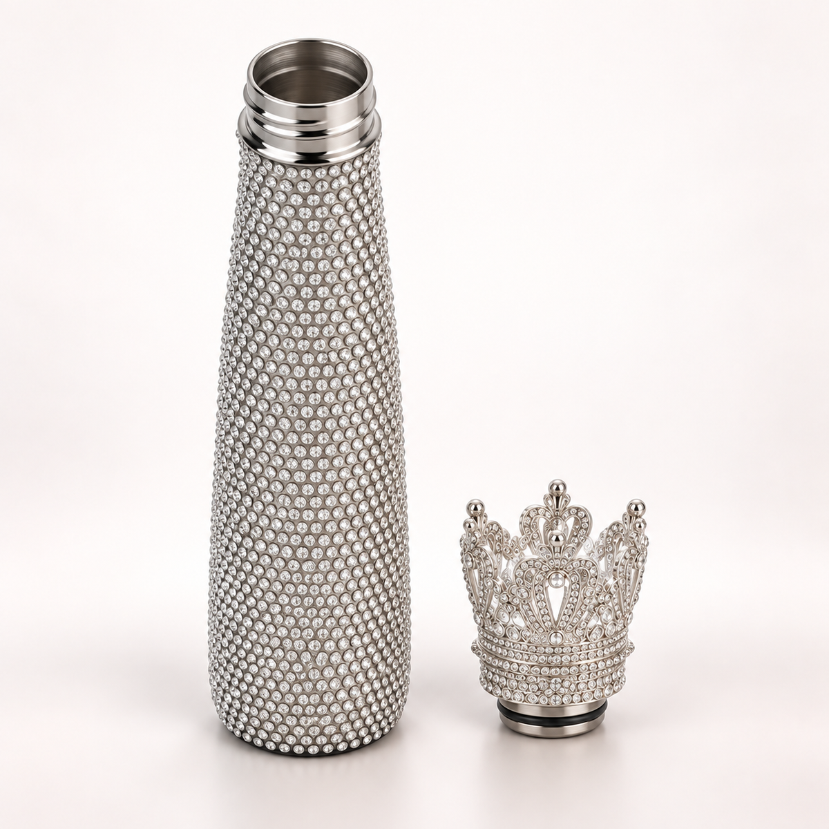 Silver Crown Bling water bottle open, showing removable crown cap