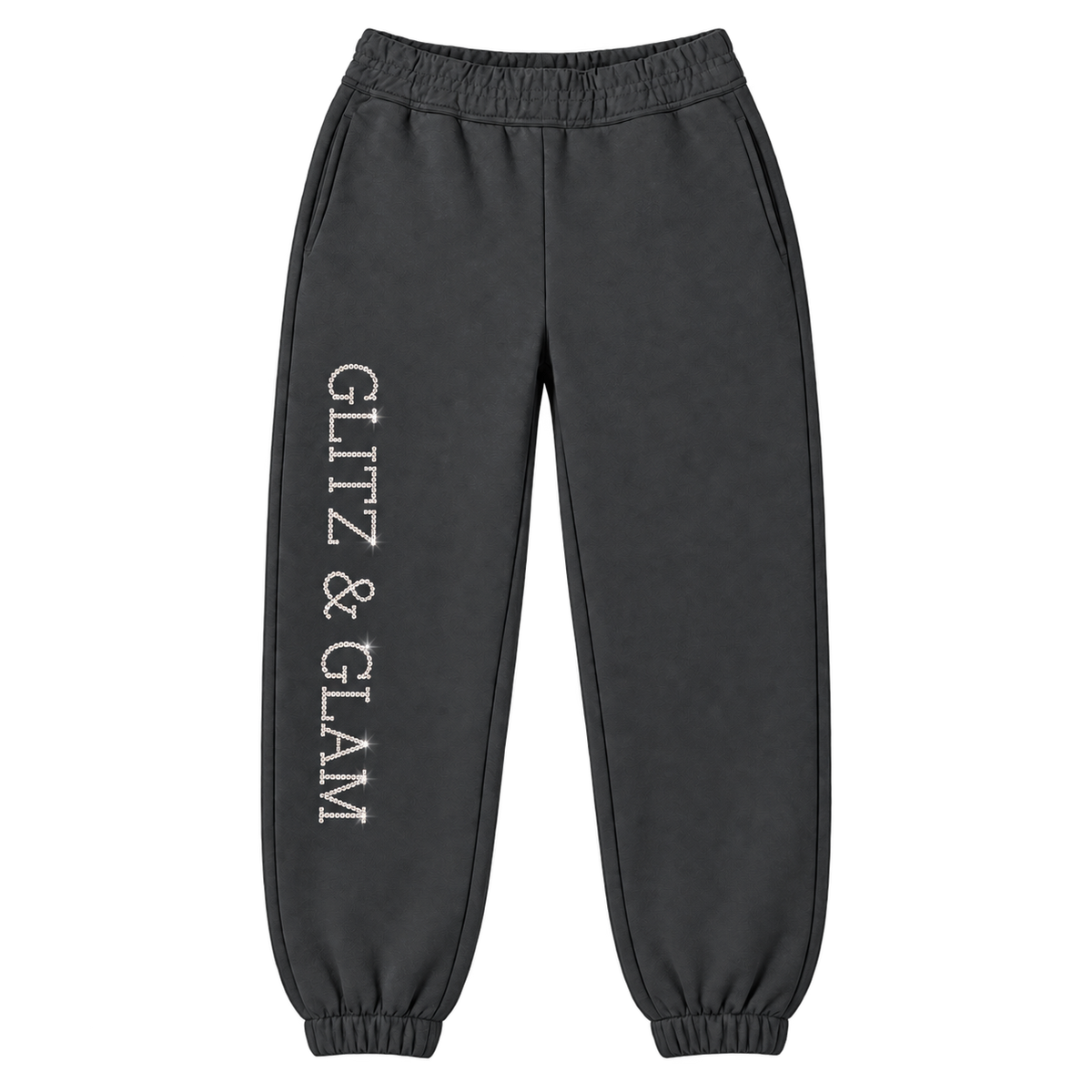 Glitz & Glam cuffed joggers in black, product-only; logo placement matched to side slit joggers