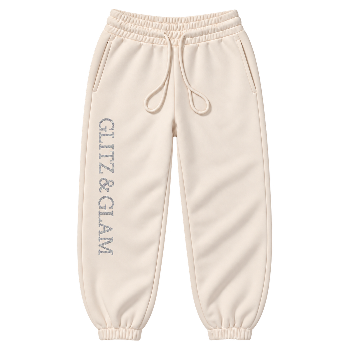 Glitz & Glam cuffed joggers in champagne, product-only; logo placement matched to side slit joggers