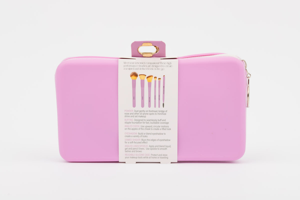 Radiant Orchid travel brush set back packaging