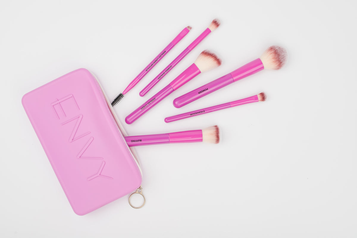 Radiant Orchid case with six matching makeup brushes