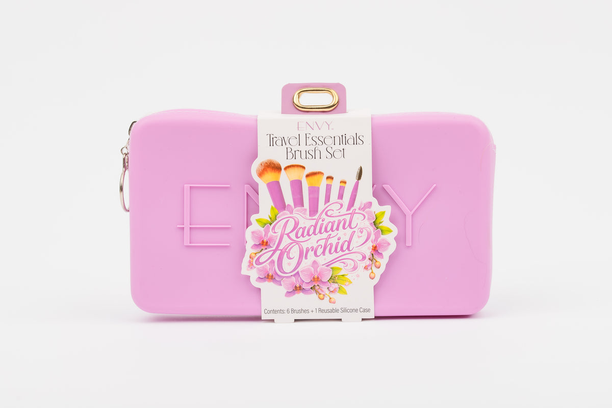 Envy Radiant Orchid travel essentials brush set, six brushes and pink silicone case
