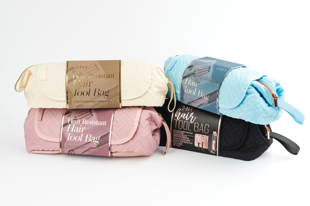 Envy heat resistant hair tool bags in Tan, Delicate Blue, Ballet Slipper, and Black