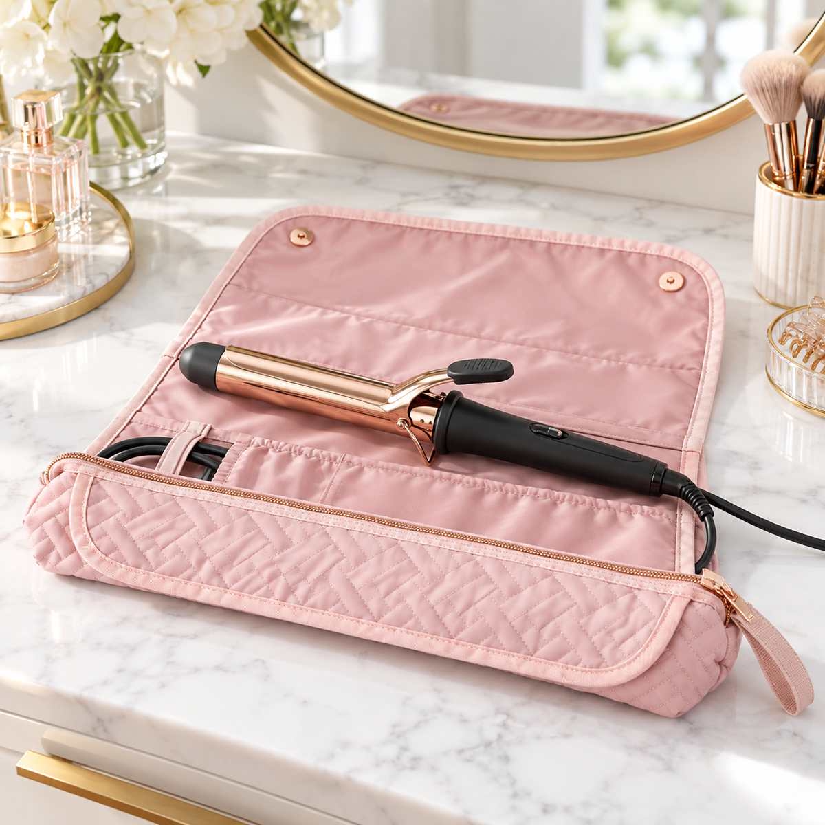 Ballet Slipper Envy heat resistant bag used as a styling mat on a vanity; styling tool not included