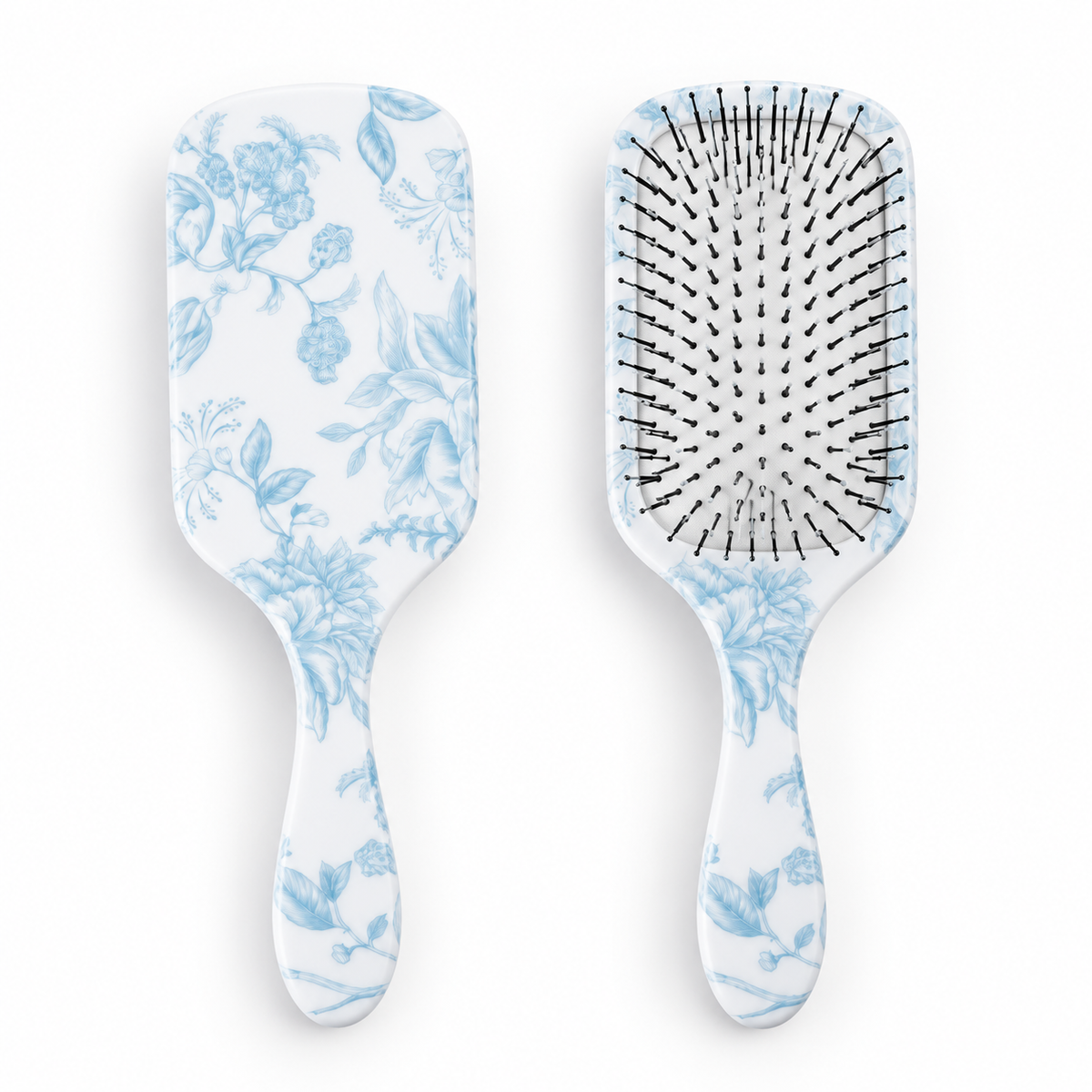 Envy Blue and White Rose paddle brush, floral back and bristle front