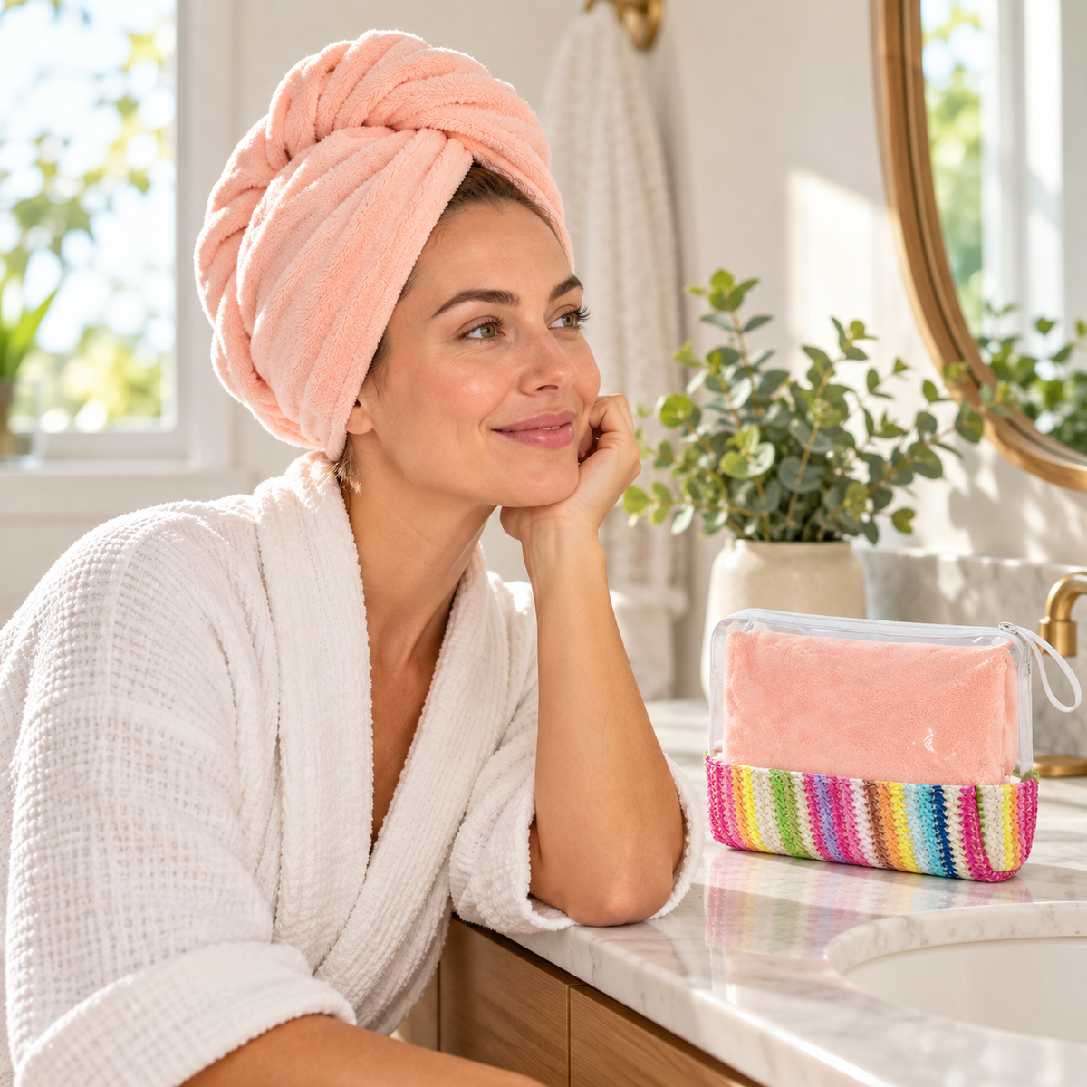 Lifestyle image of Colorful Peach extra long hair turban in use