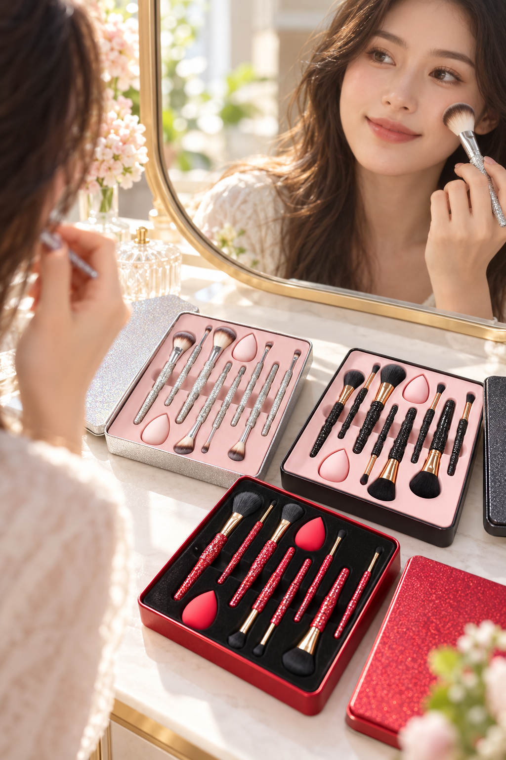 Glitz & Glam brush set used at a makeup vanity with three styles displayed