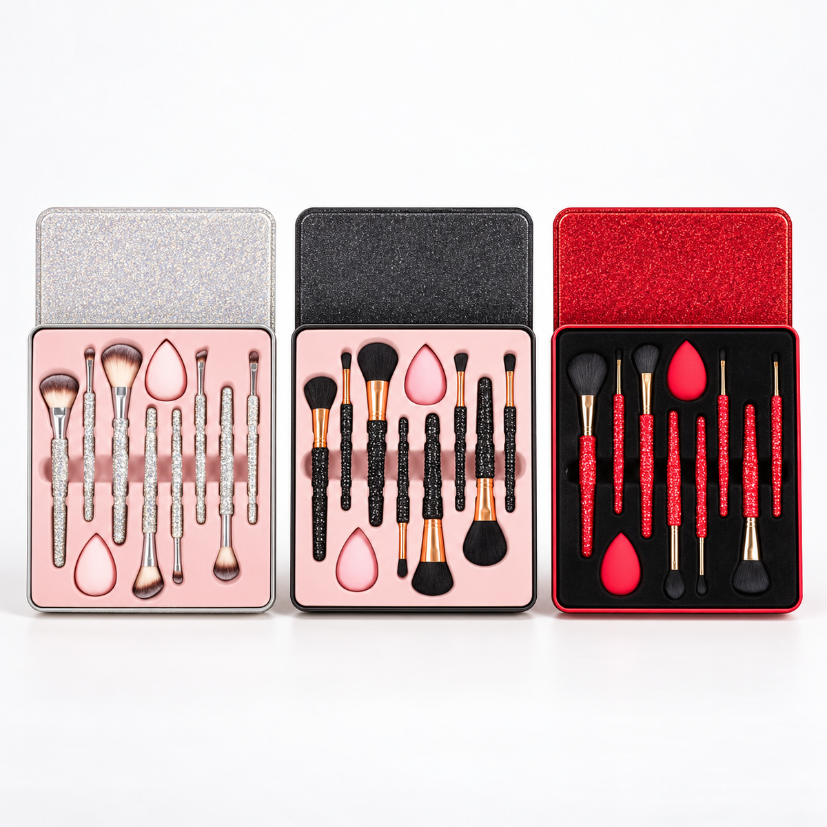Silver, black and red Glitz & Glam 10pc Essentials Collection Brush Sets together