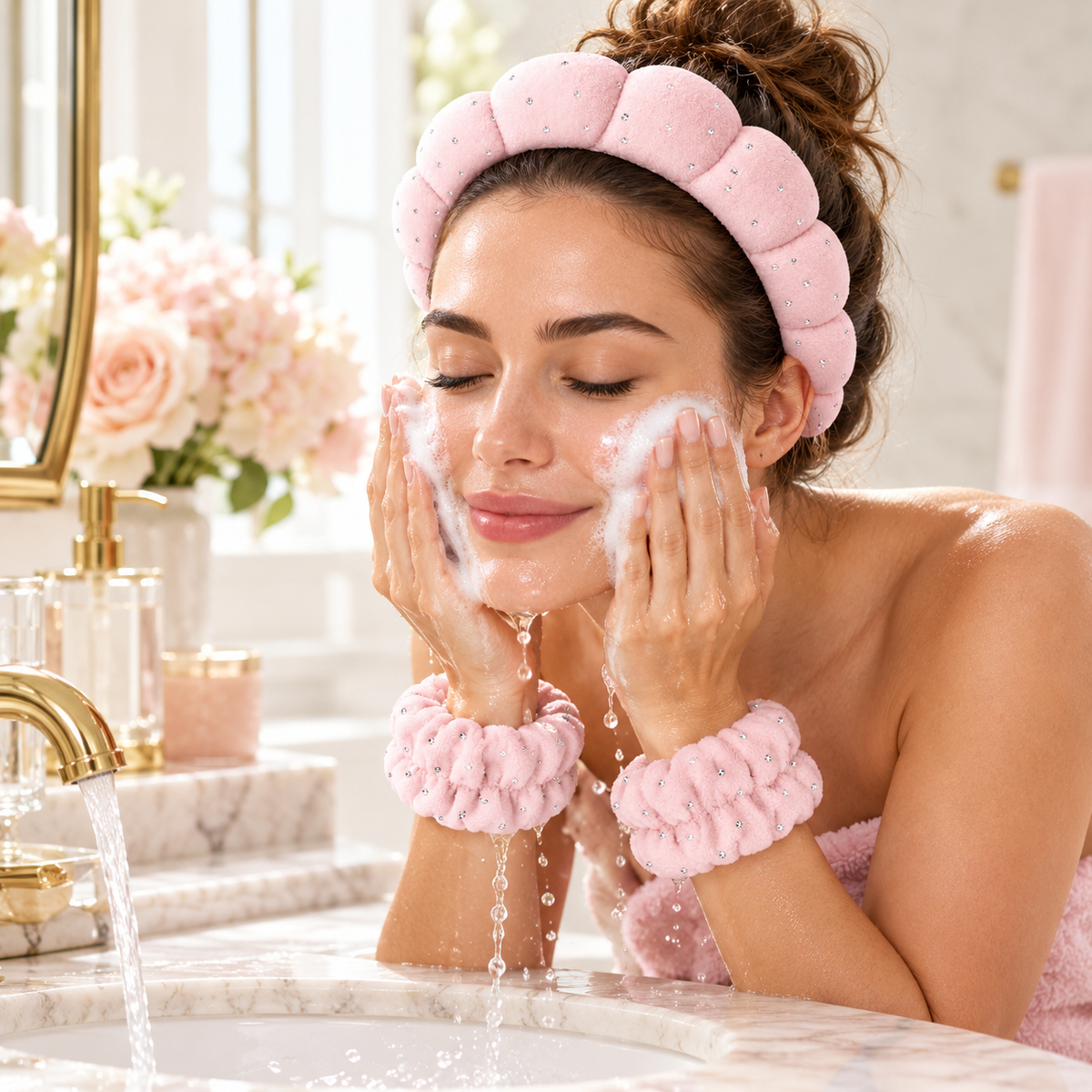Pink Bling cleanse headband and wristbands worn during a skincare routine