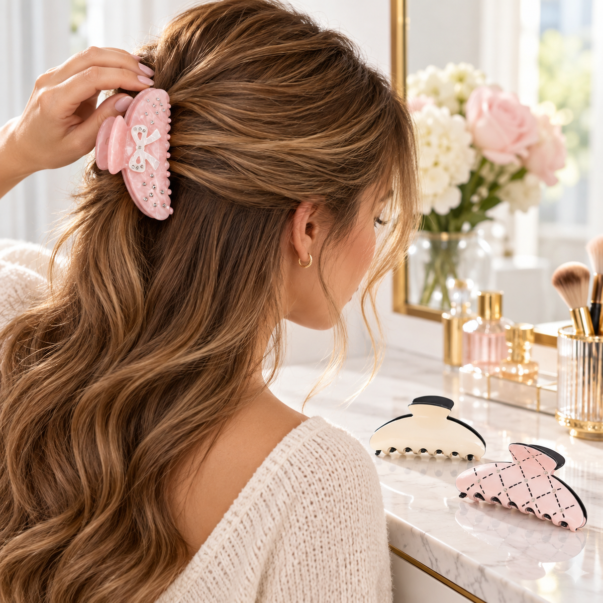 Bow GG18859 claw clip worn in a half-up hairstyle