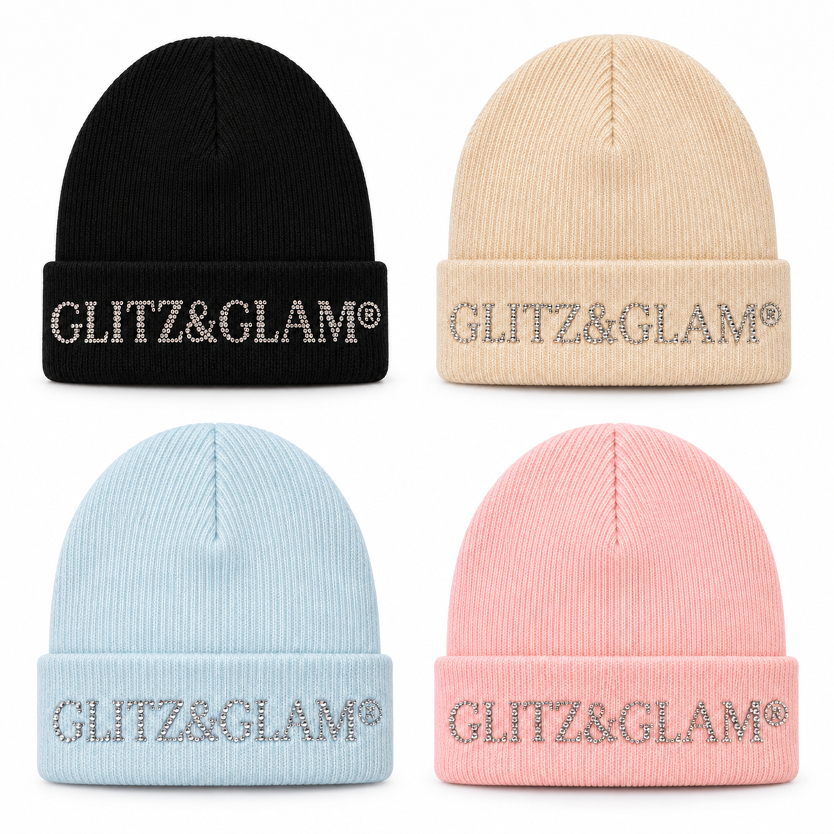 All four Glitz & Glam Beanie colors: Black GG26362, Champagne GG26372, Icy Blue GG26332, Pink GG26352