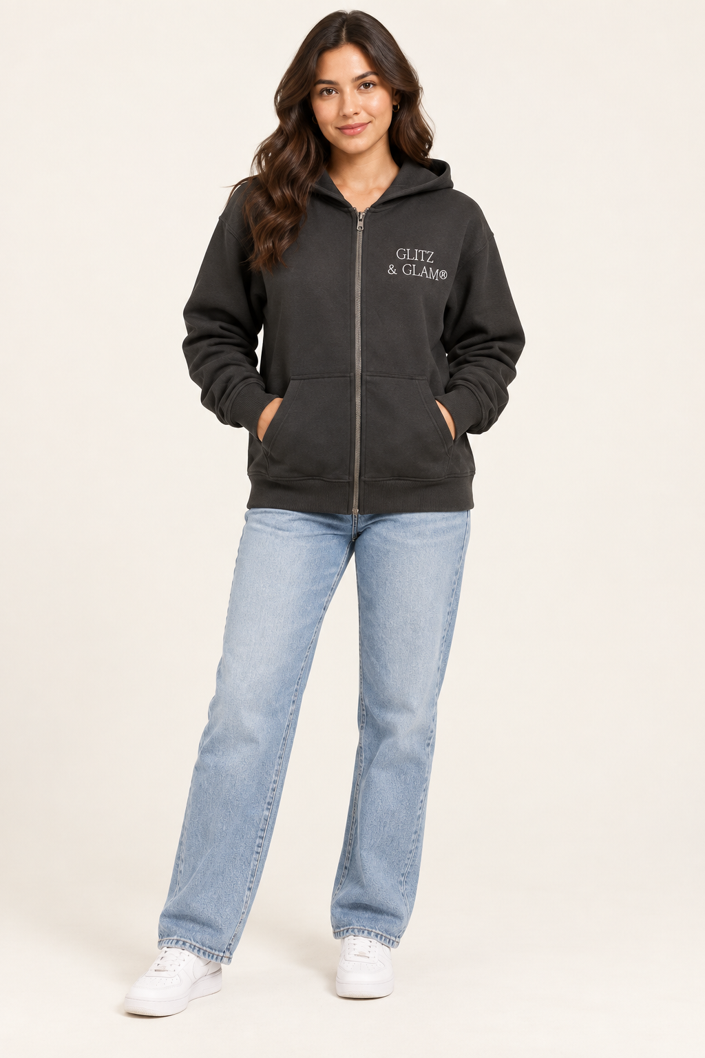 Model wearing Glitz & Glam black zip up hoodie