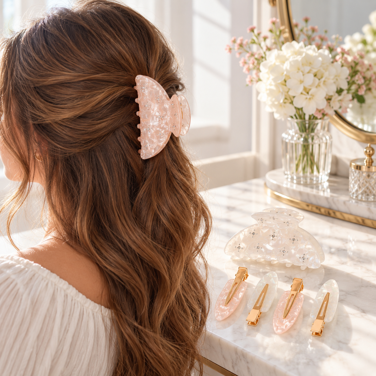 Pink GG18860 claw clip and dent-free set lifestyle