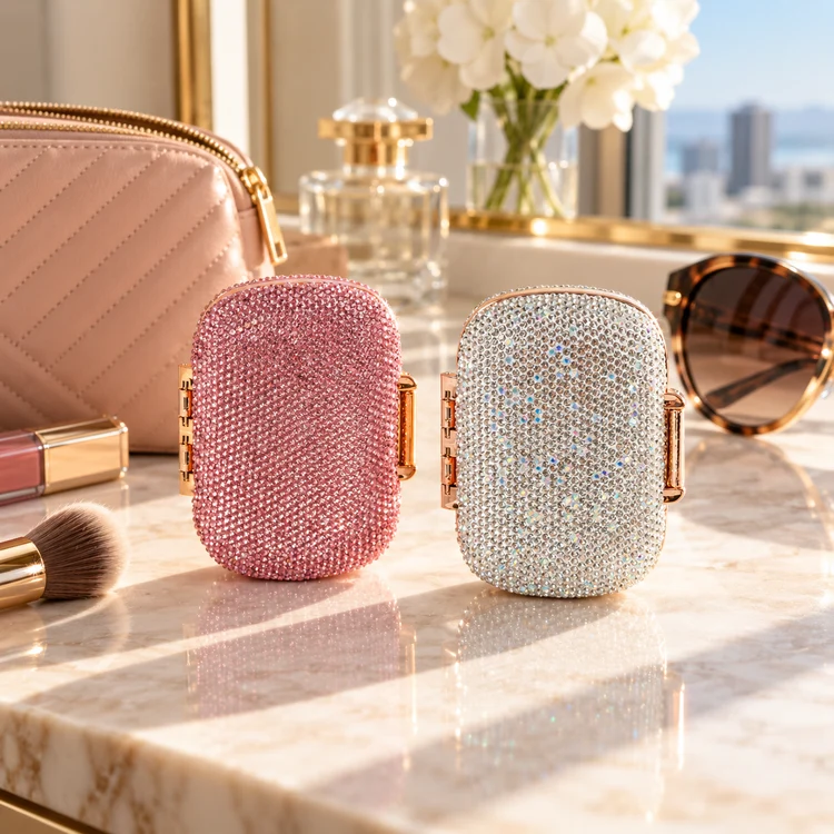 Ruby Pink and Silver Glitz & Glam Compartment Pill Boxes on a vanity