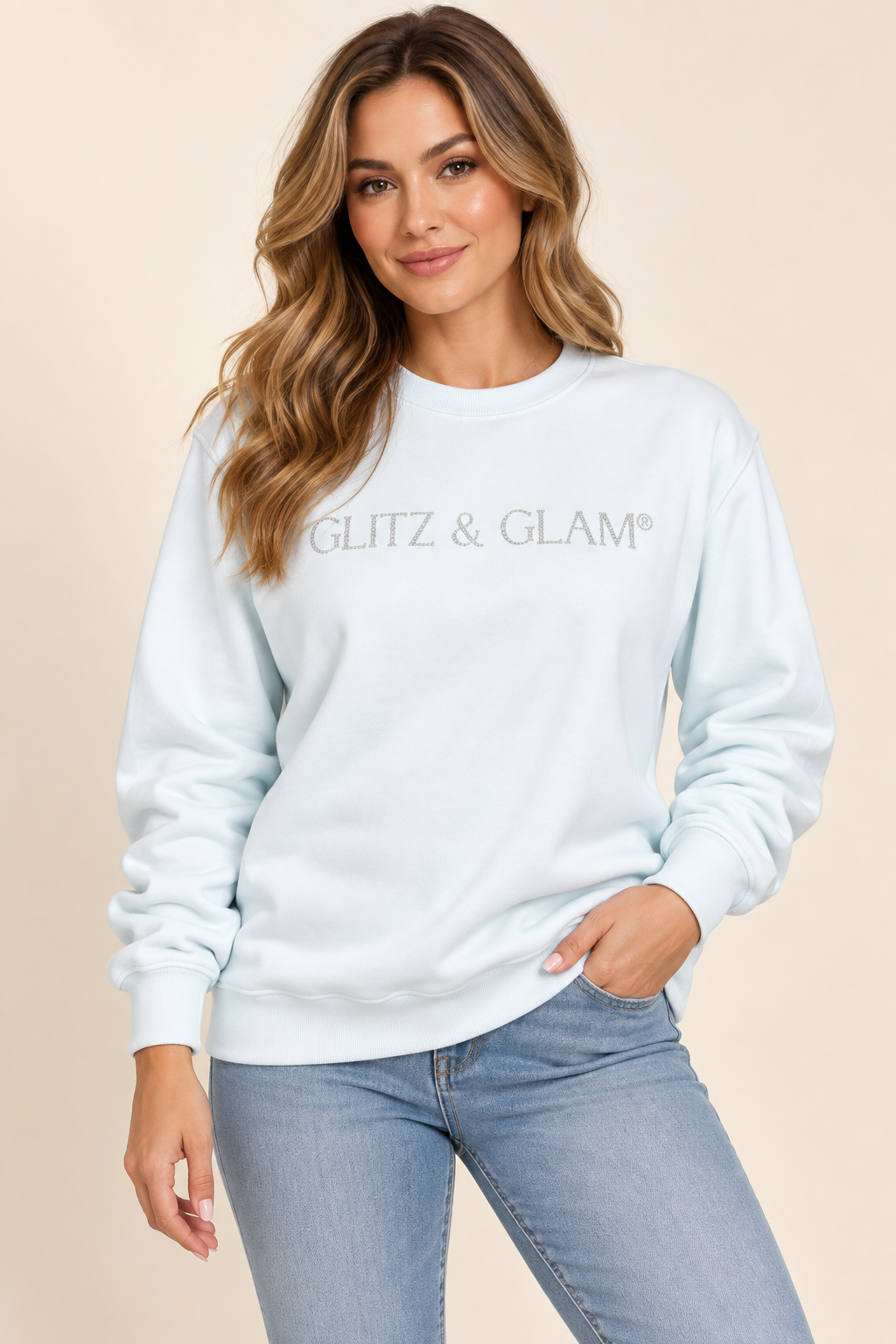 Model wearing Glitz & Glam Crew Neck | Icy Blue