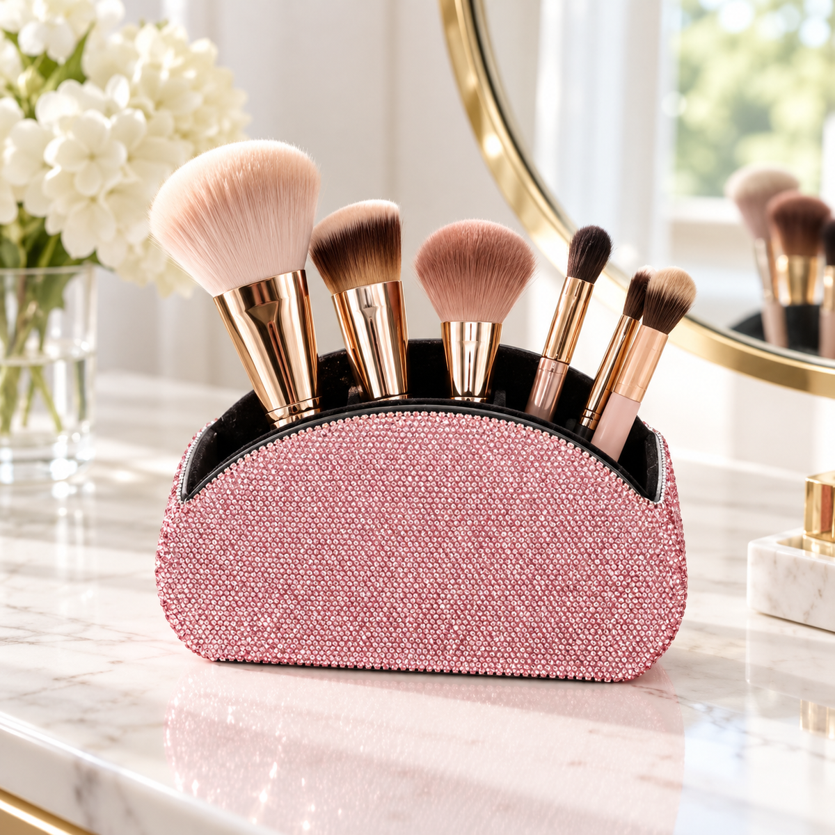 Rose Pink half moon makeup brush holder on a vanity with makeup brushes