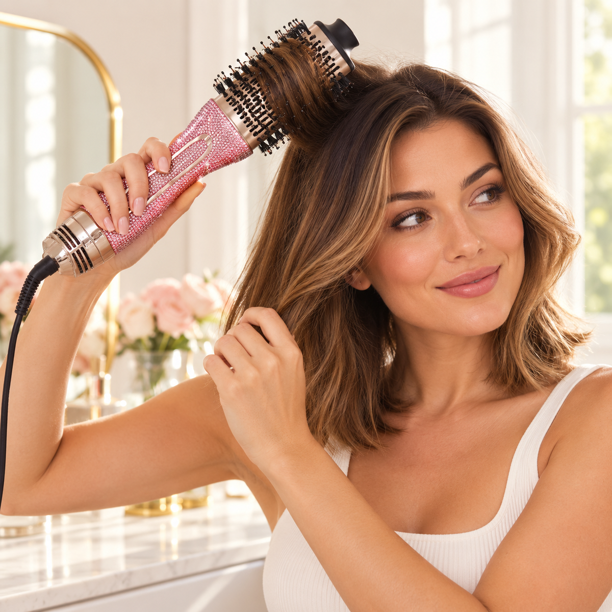 Pink Glitz & Glam hot air brush GG4395 being used to style hair