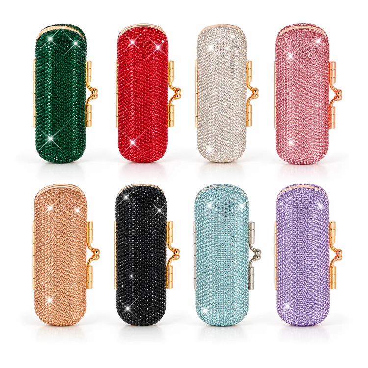 Glitz & Glam lipstick cases in Emerald, Red, Silver, Pink, Champagne, Black, Icy Blue and Light Violet