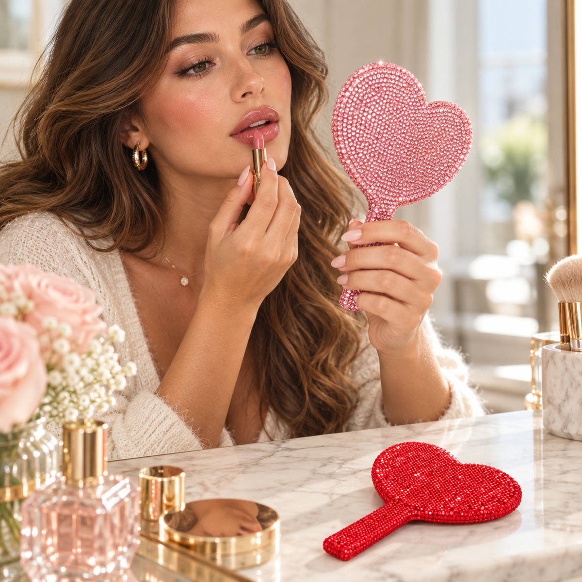 Pink heart mini handheld mirror used for makeup touch-up with red heart mirror on vanity