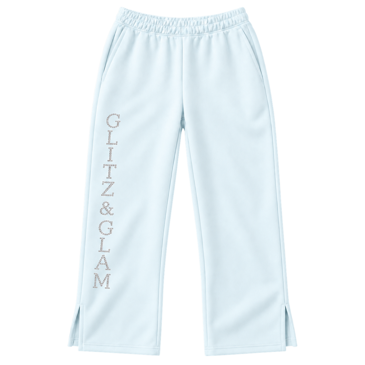 Product-only view of Glitz & Glam Open Leg Jogger with Slit | Icy Blue with upright vertical letters