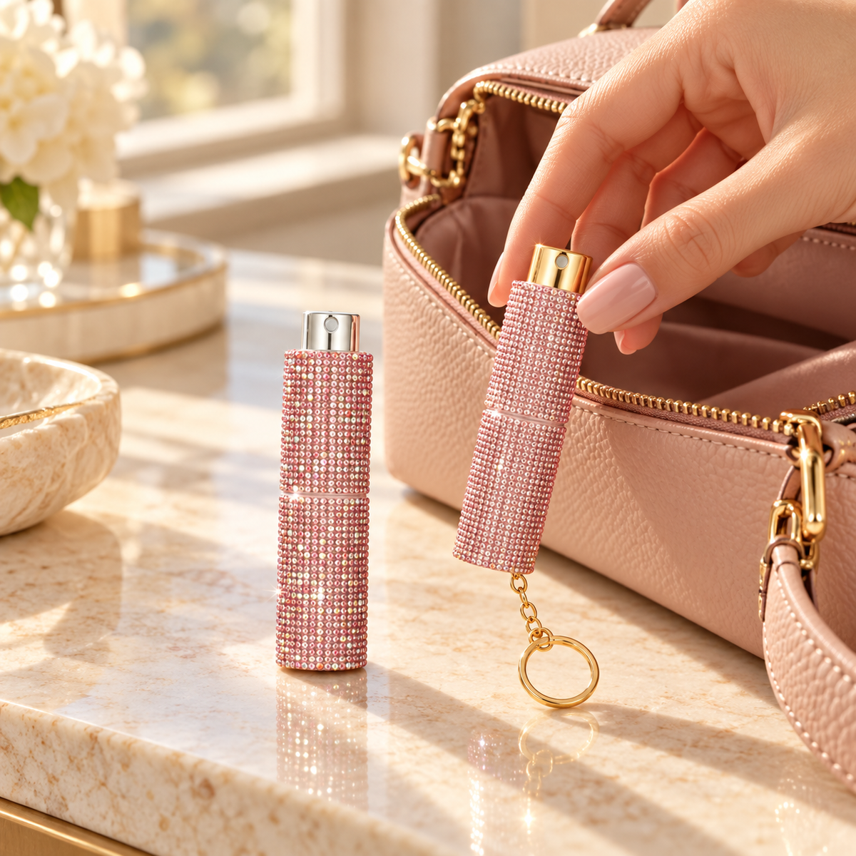 Pink and ruby pink Glitz & Glam perfume atomizers beside a handbag