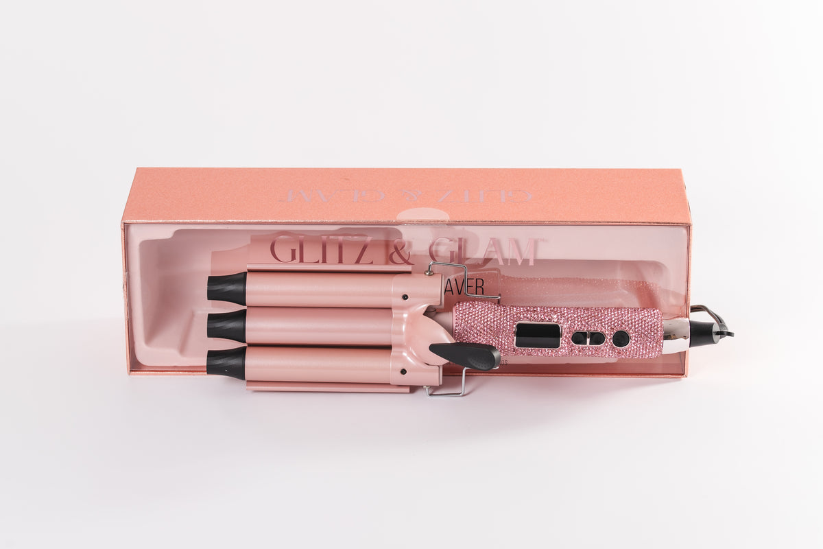 Pink Glitz & Glam Triple Barrel Hair Waver GG4394, with open packaging