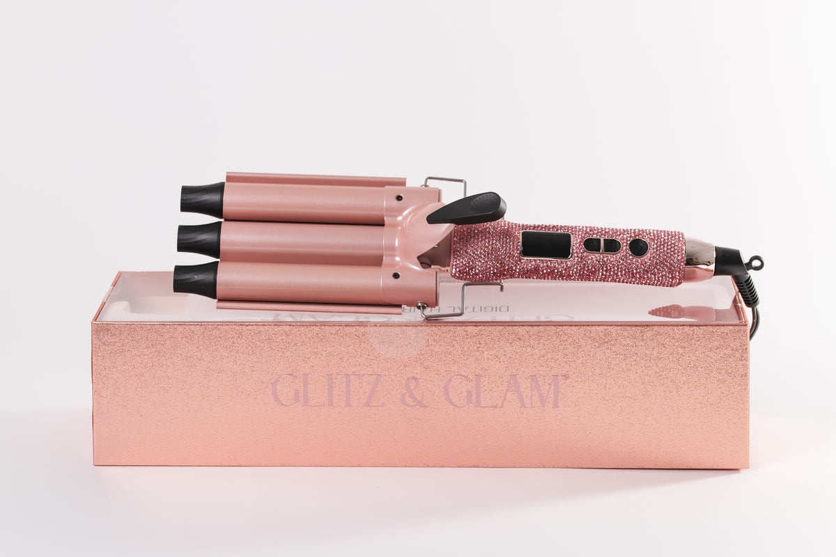 Pink Glitz & Glam Triple Barrel Hair Waver GG4394, angled view with packaging