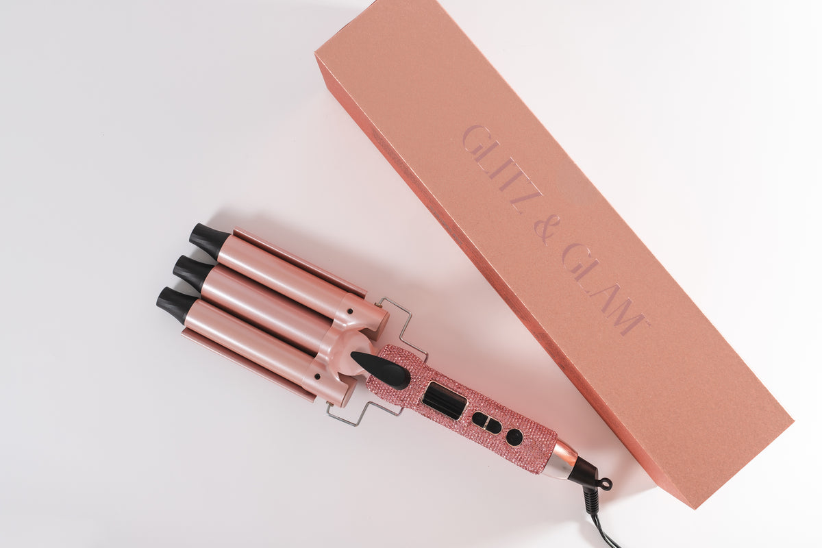 Pink Glitz & Glam Triple Barrel Hair Waver GG4394, flat view with packaging