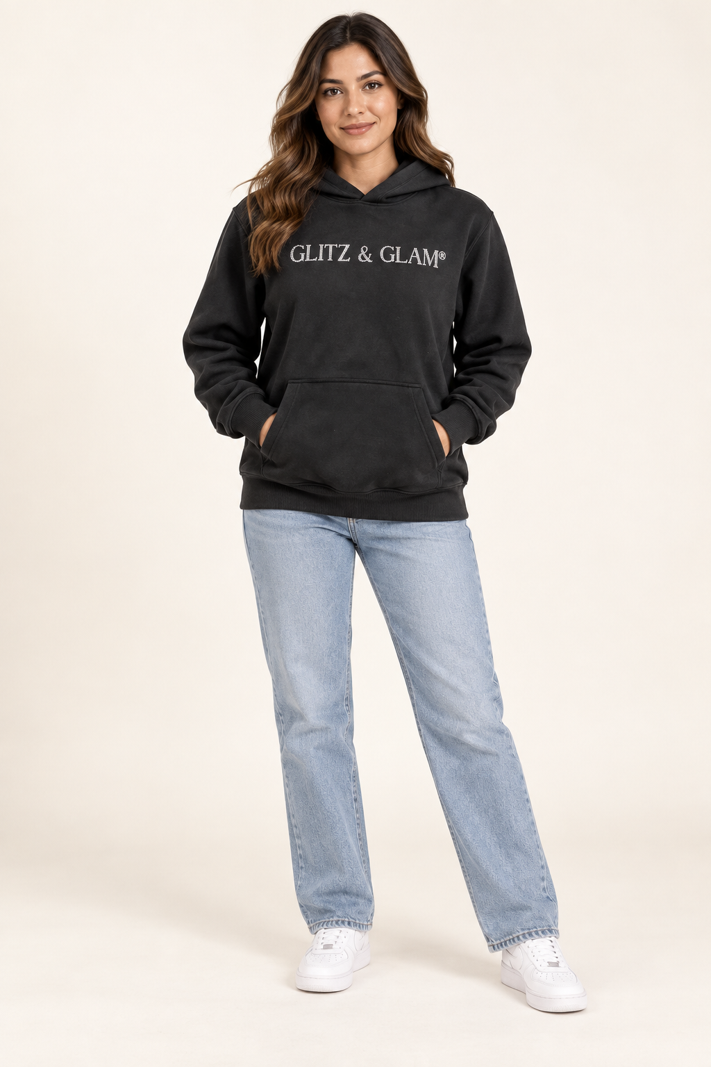 Model wearing Glitz & Glam Black Pullover Hoodie