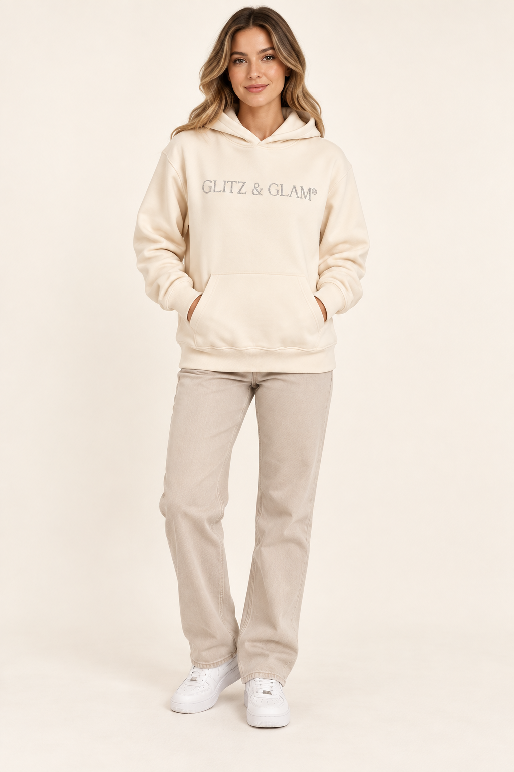 Model wearing Glitz & Glam Champagne Pullover Hoodie