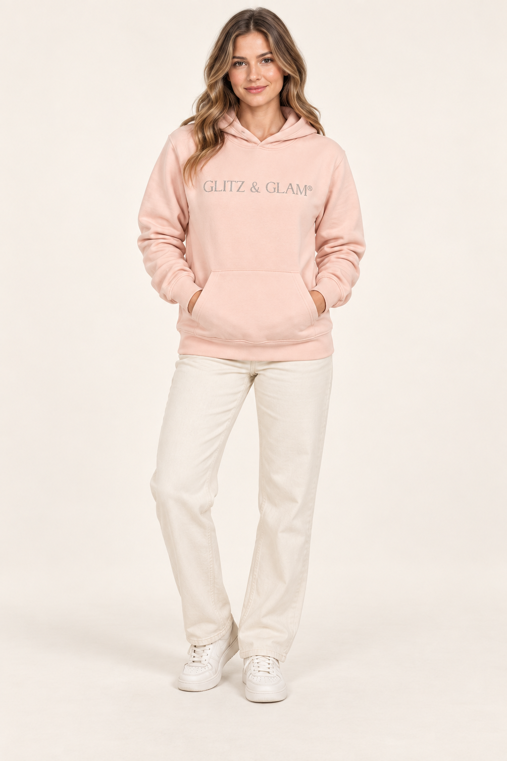 Model wearing Glitz & Glam Pink Pullover Hoodie