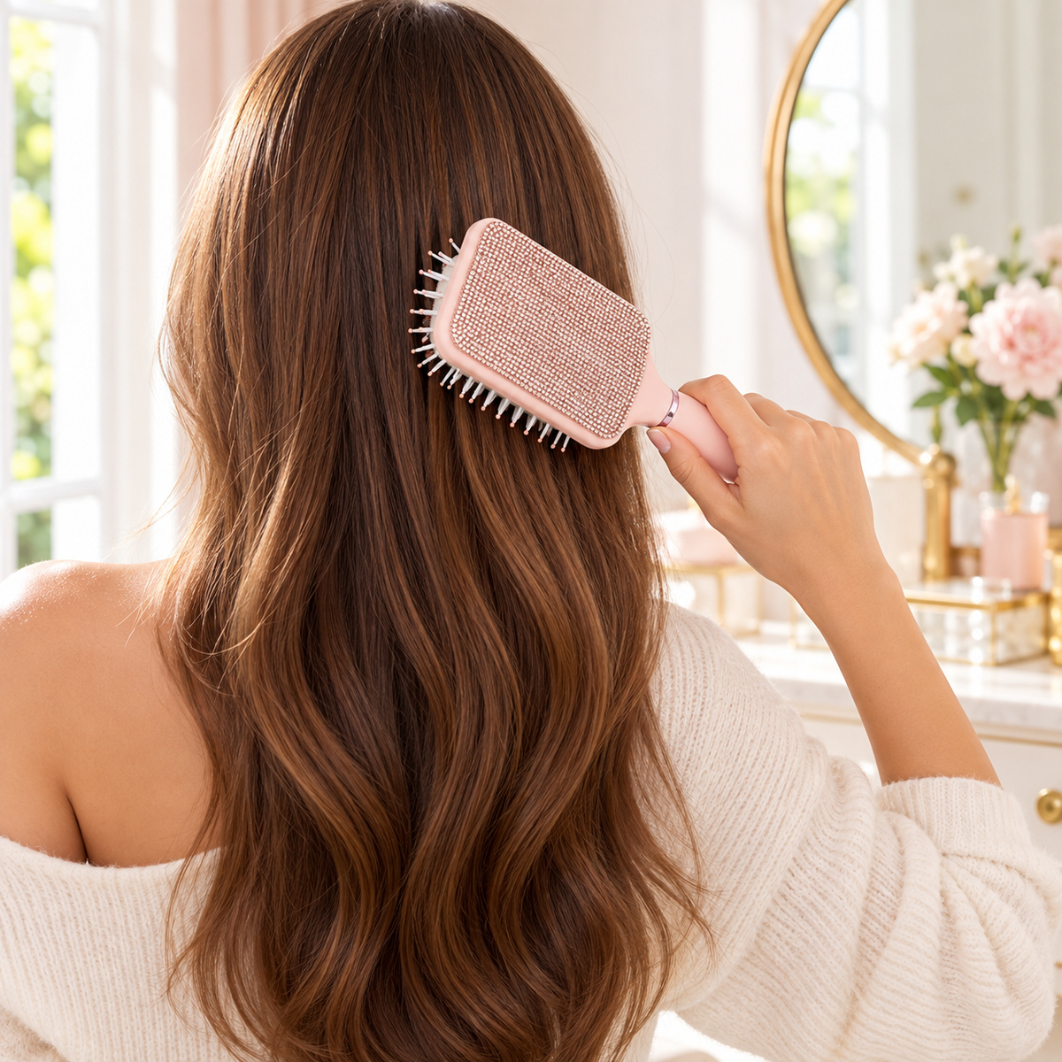 Rose Pink Glitz & Glam rectangle paddle brush being used to brush hair