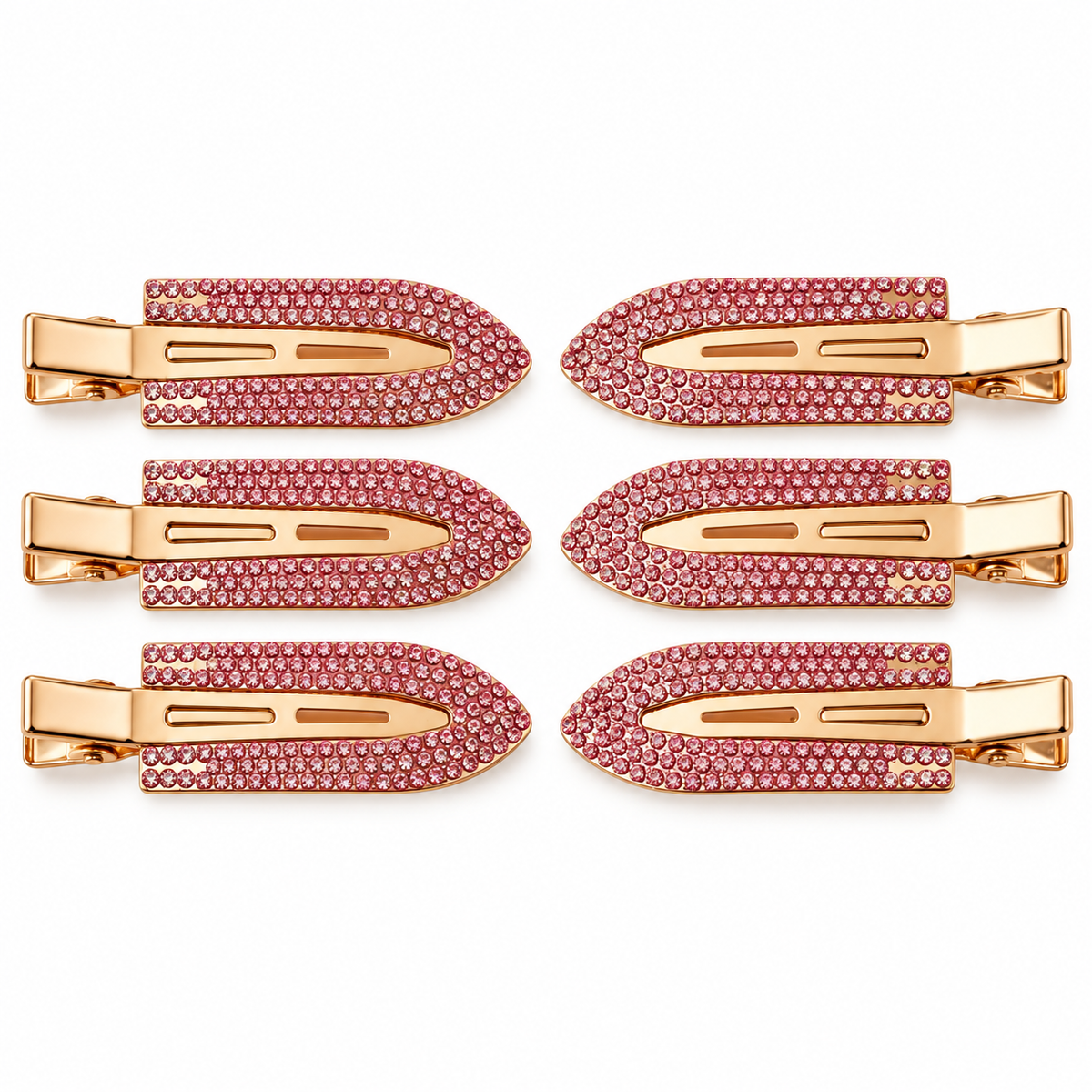 Six ruby pink rhinestone dent-free clips with polished rose-gold metal