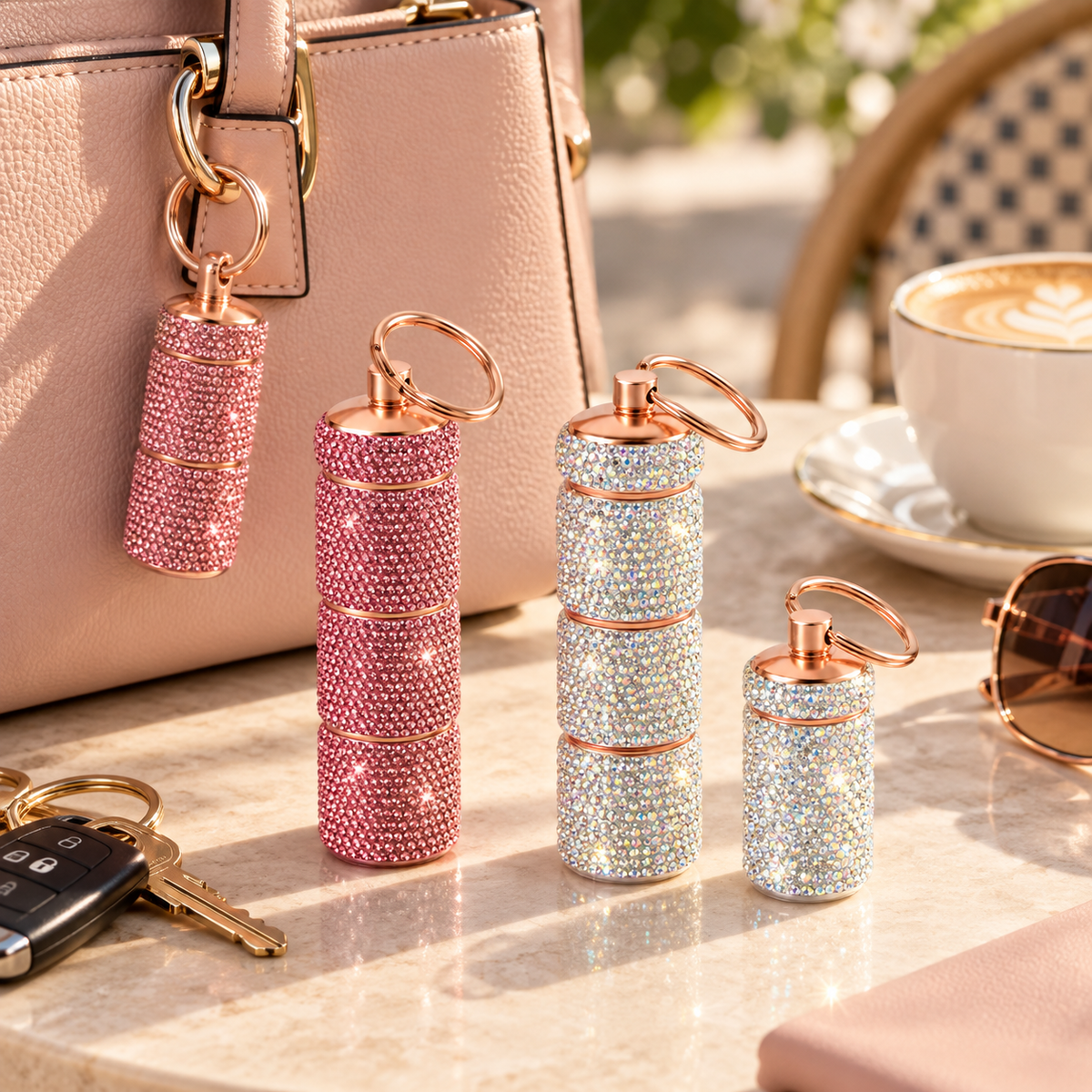 Ruby Pink and Silver Glitz & Glam travel pill cases beside a handbag and keys