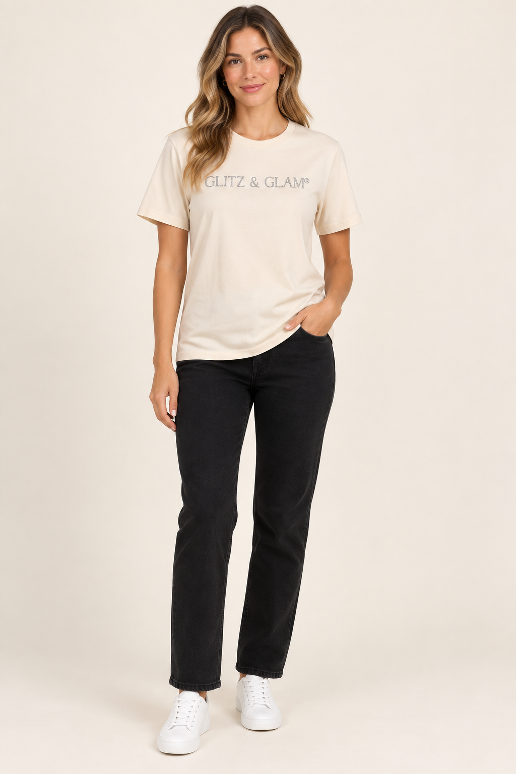 Model wearing Glitz & Glam Champagne T-Shirt