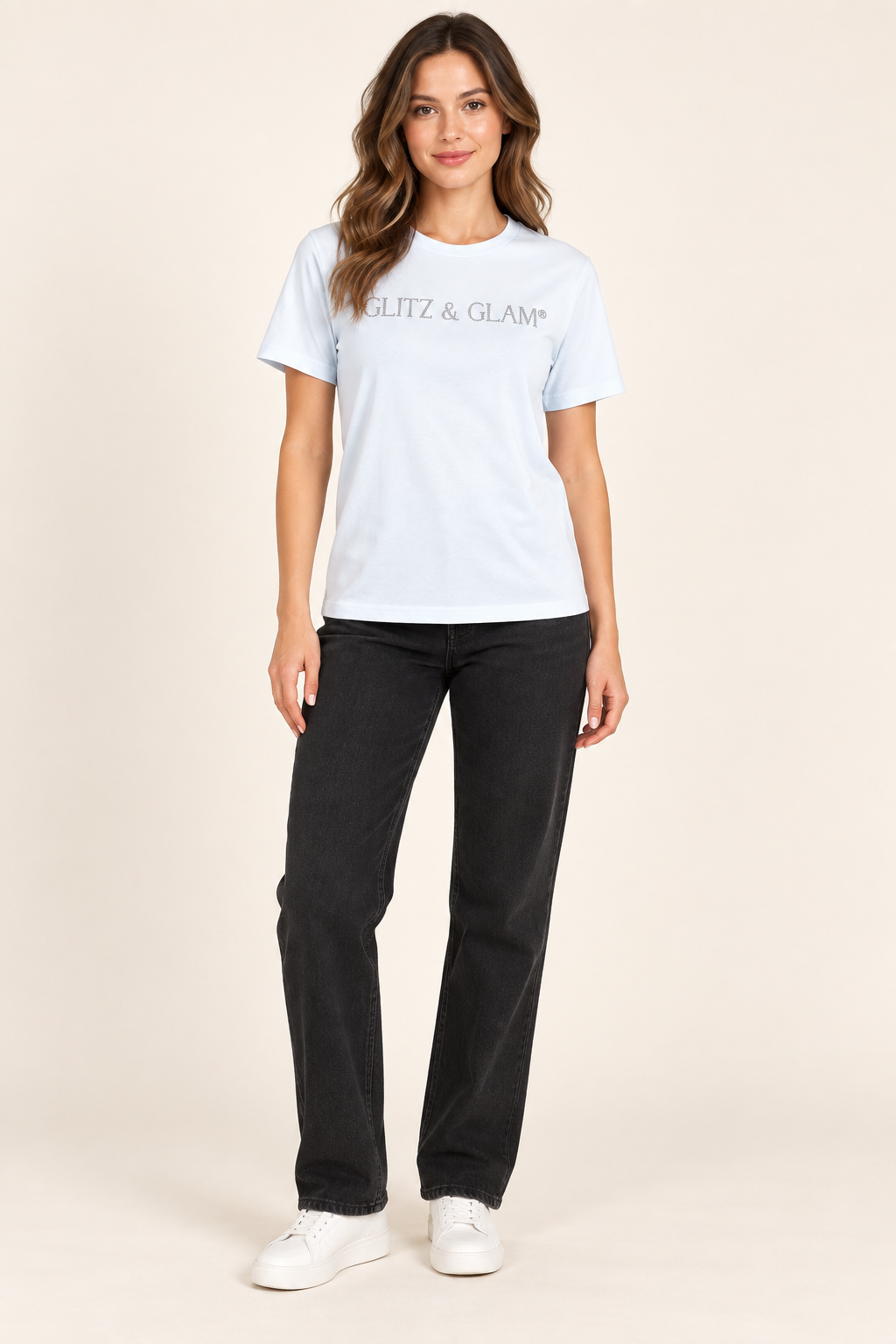 Model wearing Glitz & Glam Icy Blue T-Shirt