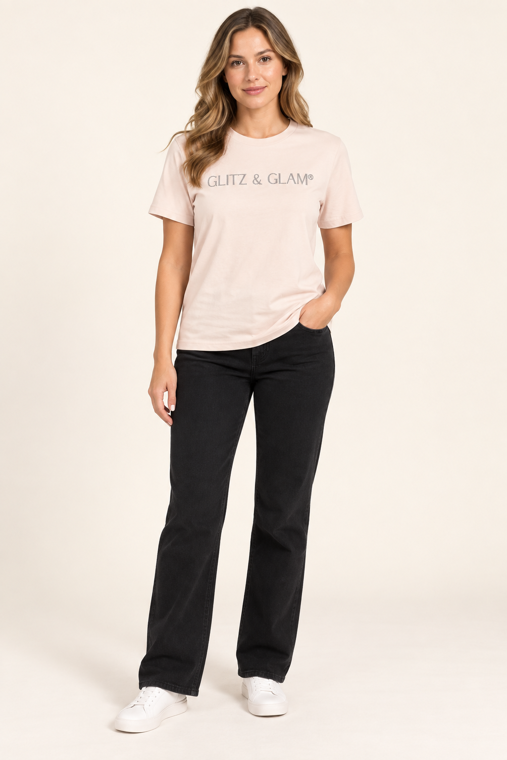 Model wearing Glitz & Glam Pink T-Shirt