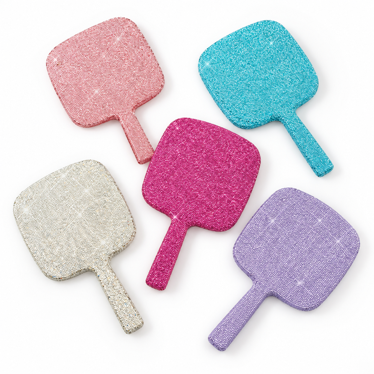 Five Glitz & Glam handheld mirror colors together